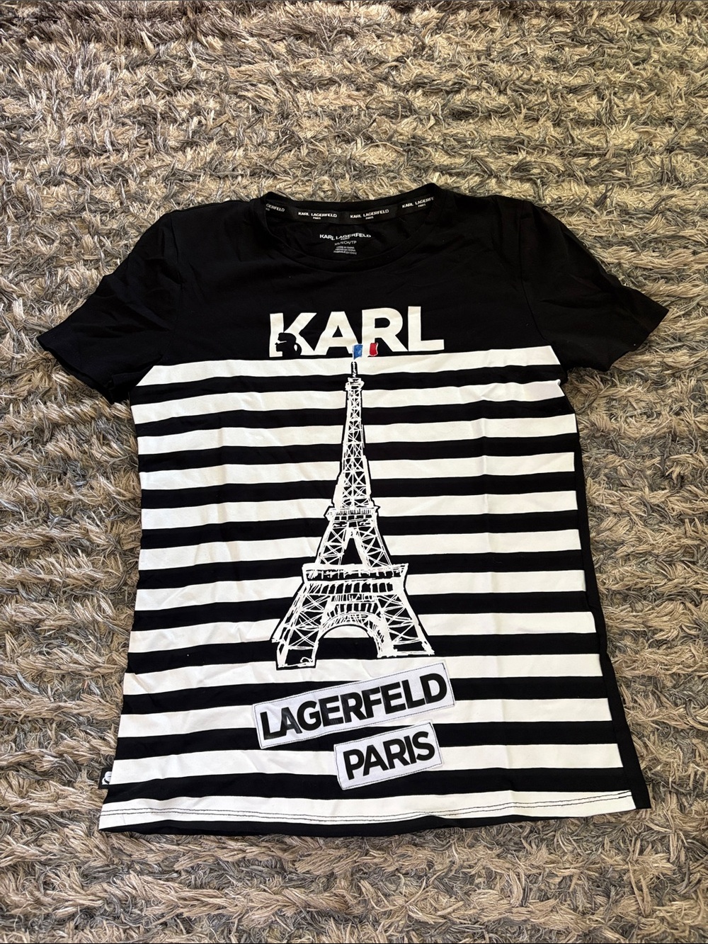 Karl Lagerfeld Black White Striped Eiffel Tower Graphic Tee Exclusive Design XS